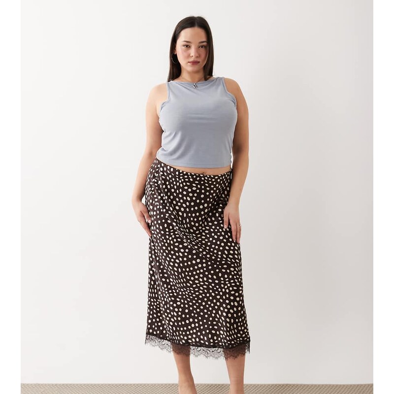 New Look Plus New Look Curve deer print lace trim midi skirt in brown 115541701