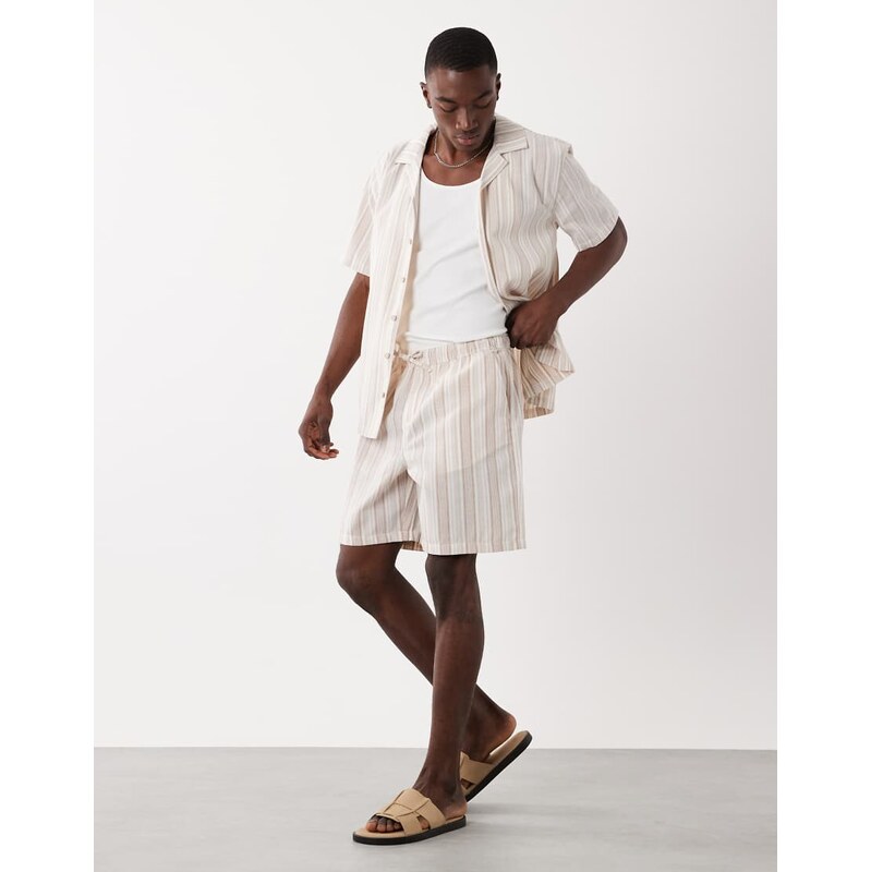 New Look co-ord stripe linen look shorts in cream-White