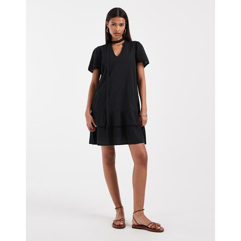 Vero moda poplin tie waist lace trim ruffle hem mini dress in