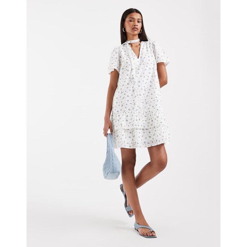 Vero moda poplin tie waist lace trim ruffle hem mini dress in