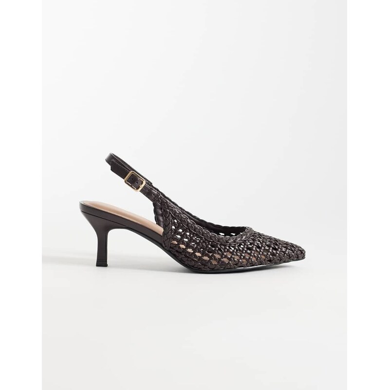 New Look woven pointed sling back heeled shoe in brown 115541729