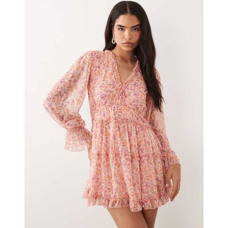Vila tiered frill trim mini dress in pale pink rose print