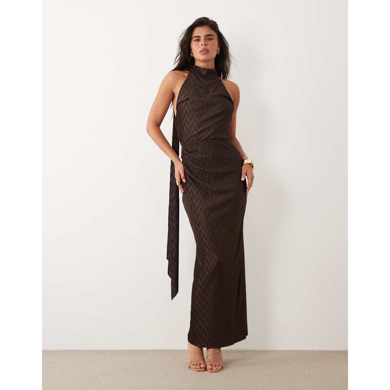ASOS DESIGN zigzag plisse scarf neck maxi dress in chocolate
