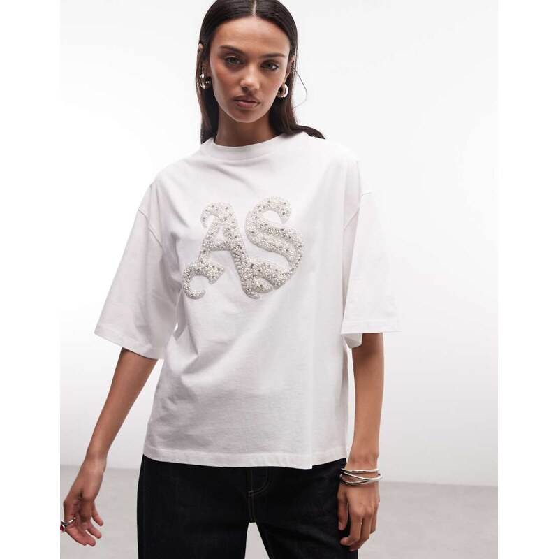 AllSaints Icon Amelie short sleeve pearl embellished logo t-shirt in white