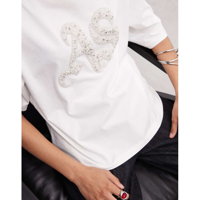 AllSaints Icon Amelie short sleeve pearl embellished logo t-shirt in white