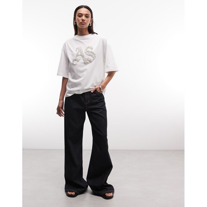 AllSaints Icon Amelie short sleeve pearl embellished logo t-shirt in white