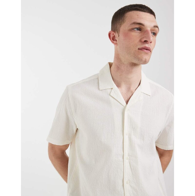 BLEND cotton-rich open collar regular fit shirt in off white