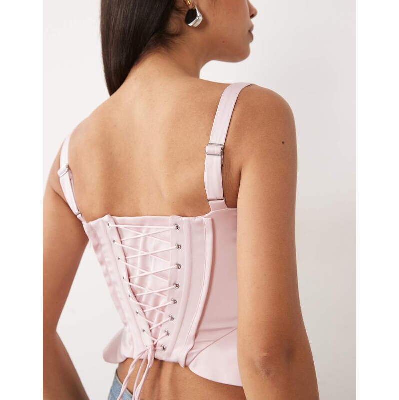 Oh Polly premium satin lace-up corset top in baby pink