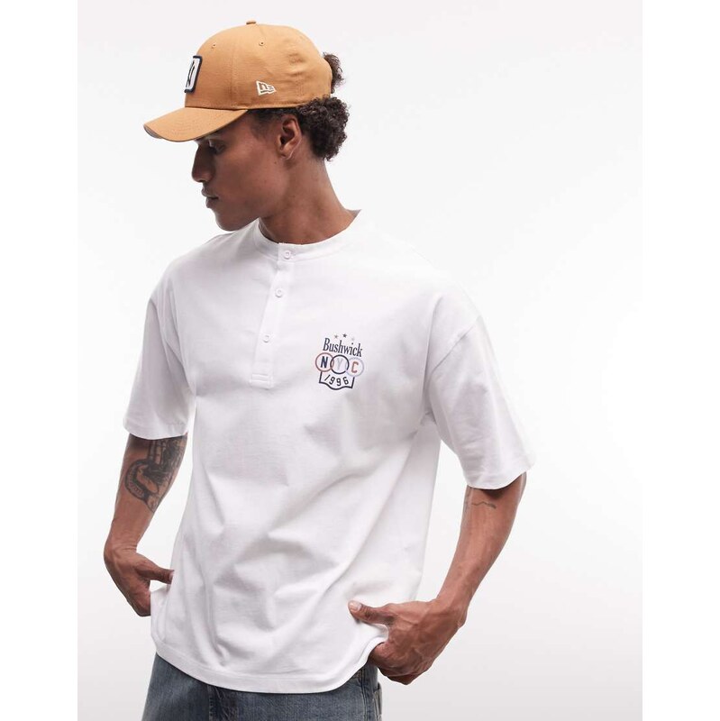 ASOS DESIGN oversized henley t-shirt with chest graphic in white