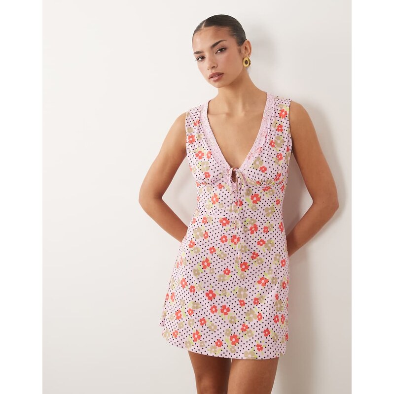 ASOS DESIGN slinky v-neck lace trim mini dress in pink ditsy