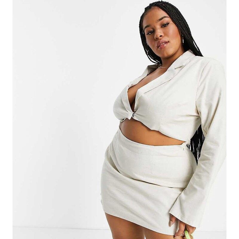 In The Style Plus x Yasmin Chanel cut waist blazer dress in stone 115544220