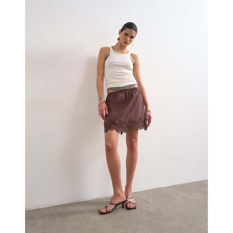 Topshop elasticated waist lace petticoat mini skirt in chocolate
