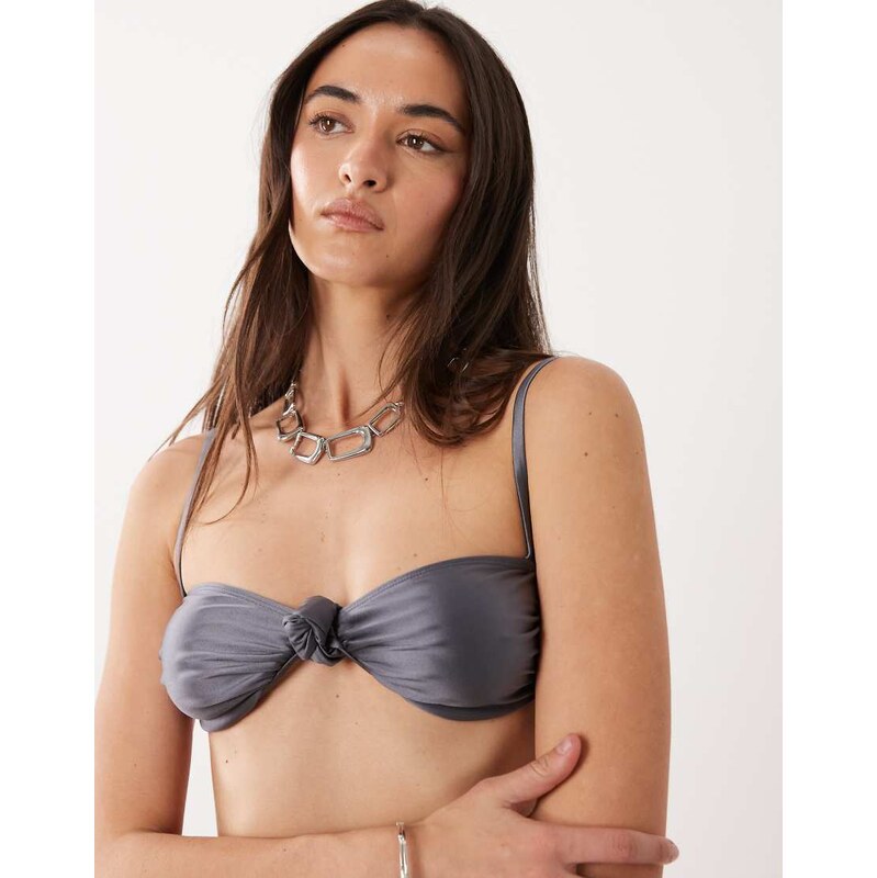 Miss Selfridge satin cup knot detail bikini top in charcoal-Grey