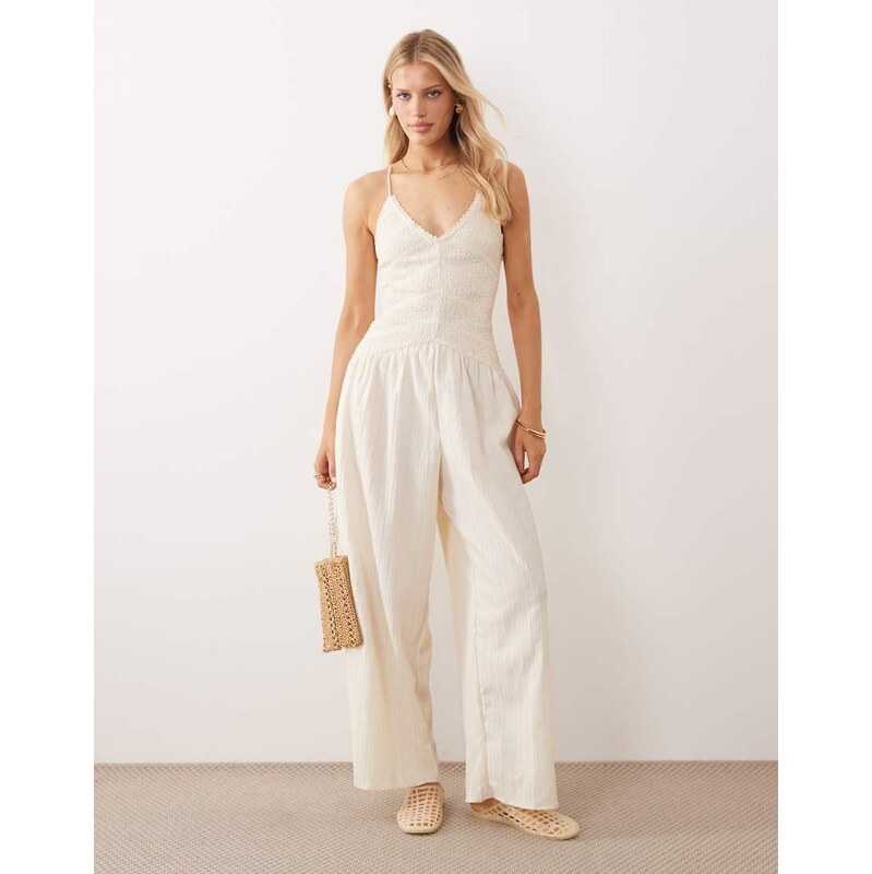 ASOS DESIGN cami shirred jumpsuit with lace trims in buttermilk-Yellow