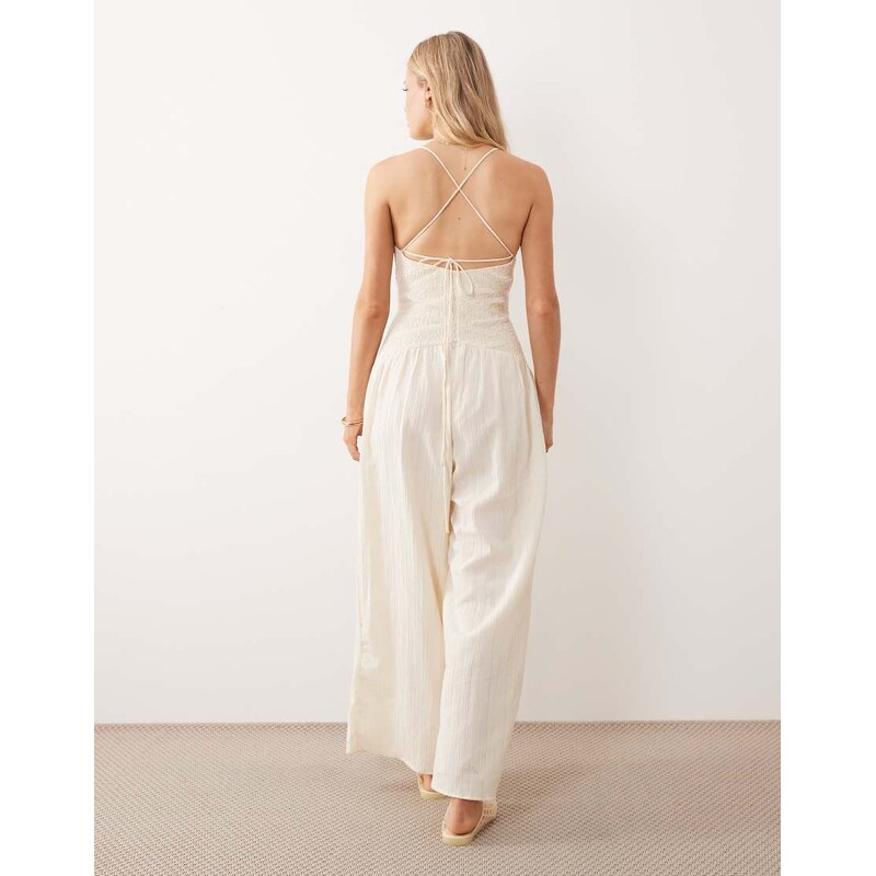 ASOS DESIGN cami shirred jumpsuit with lace trims in buttermilk-Yellow