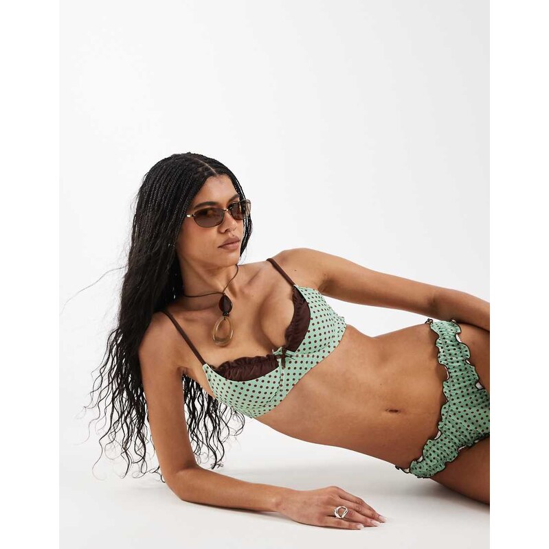 Reclaimed Vintage underwire bikini top with frill layer in brown