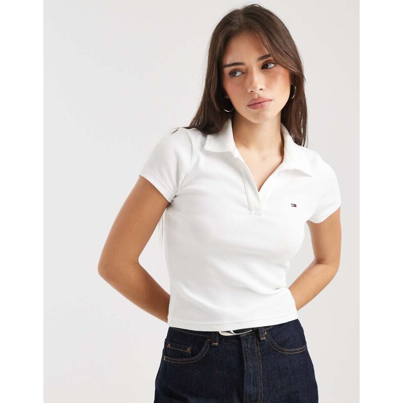 Tommy Jeans rib slim fit polo shirt in off white 115546795
