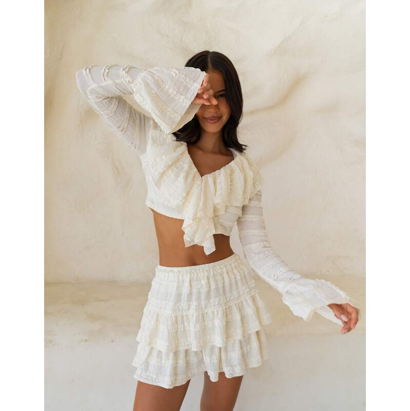 Aria Cove textured frill tiered mini skirt co-ord in cream-White