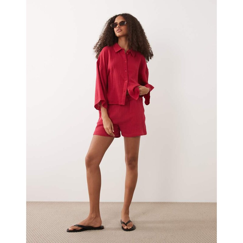 JDY cheesecloth shorts co-ord in red 115546817