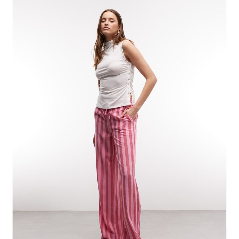 Noisy May Tall linen mix trouser in pink & red stripe 115546822