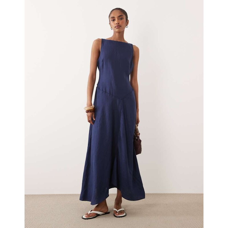 ASOS DESIGN premium 100% linen slash neck midi dress with asymmetric dropped waist and hanky hem in navy