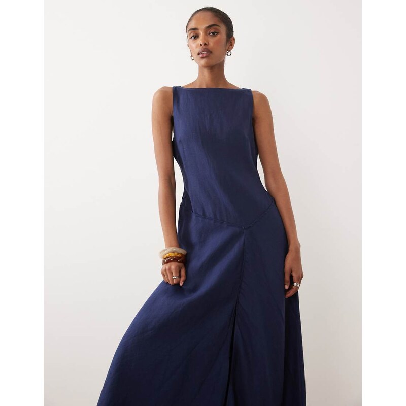 ASOS DESIGN premium 100% linen slash neck midi dress with asymmetric dropped waist and hanky hem in navy