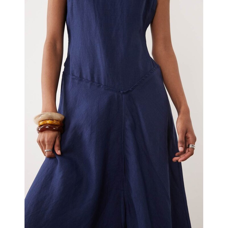 ASOS DESIGN premium 100% linen slash neck midi dress with asymmetric dropped waist and hanky hem in navy