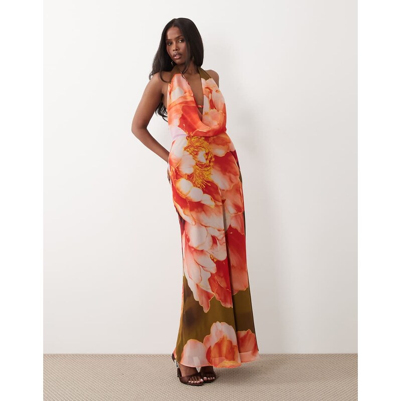 Forever New chiffon cowl neck low back maxi dress in olive floral 115546840