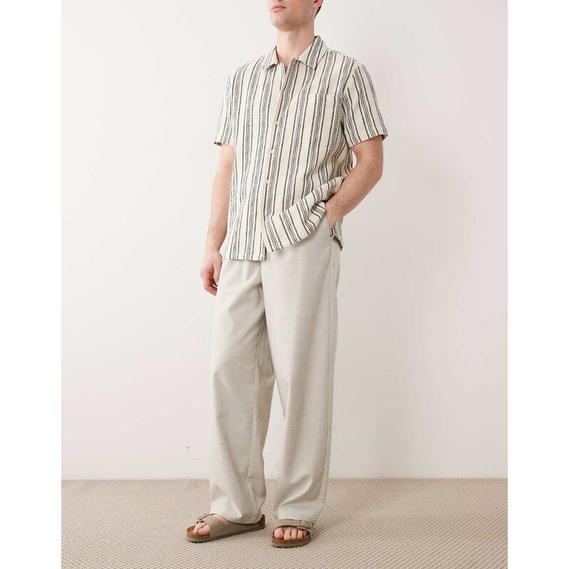ASOS DESIGN loose straight elasticated trouser with pleat in stone herringbone-Neutral