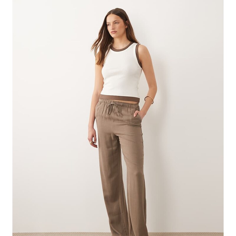 ONLY Tall linen mix pull on wide leg trouser in brown 115546902
