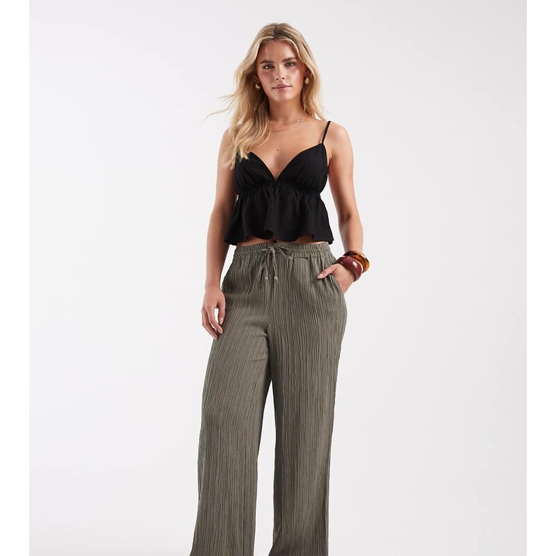 ONLY Petite wide leg textured trousers in olive green