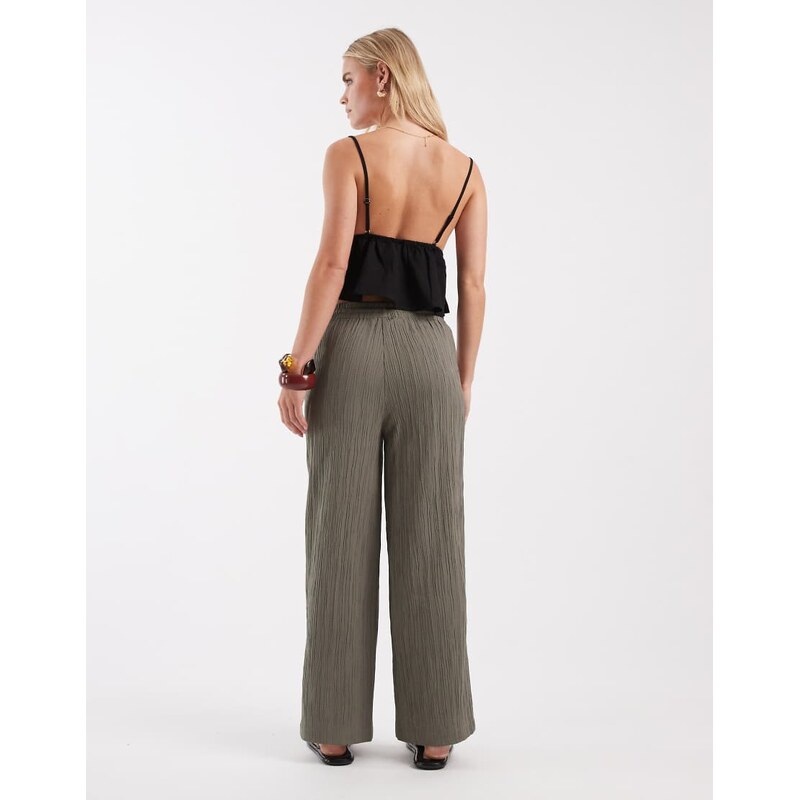 ONLY Petite wide leg textured trousers in olive green