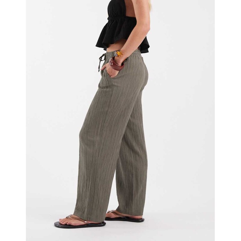 ONLY Petite wide leg textured trousers in olive green