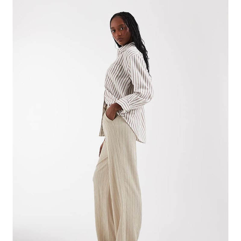ONLY Tall wide leg crinkle textured trousers in stone-Neutral