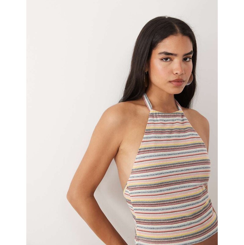 Tiger Mist Dillon knitted halterneck stripe crop top co-ord in brown 115546910