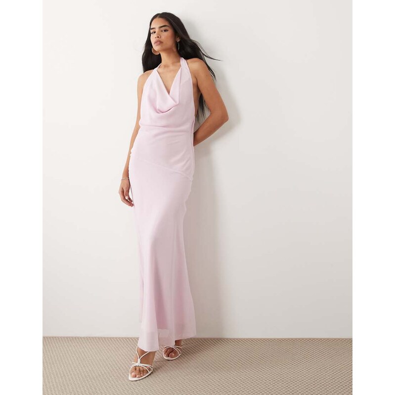 Tiger Mist Zyla chiffon halter cowl neck fishtail maxi dress in baby 115546919
