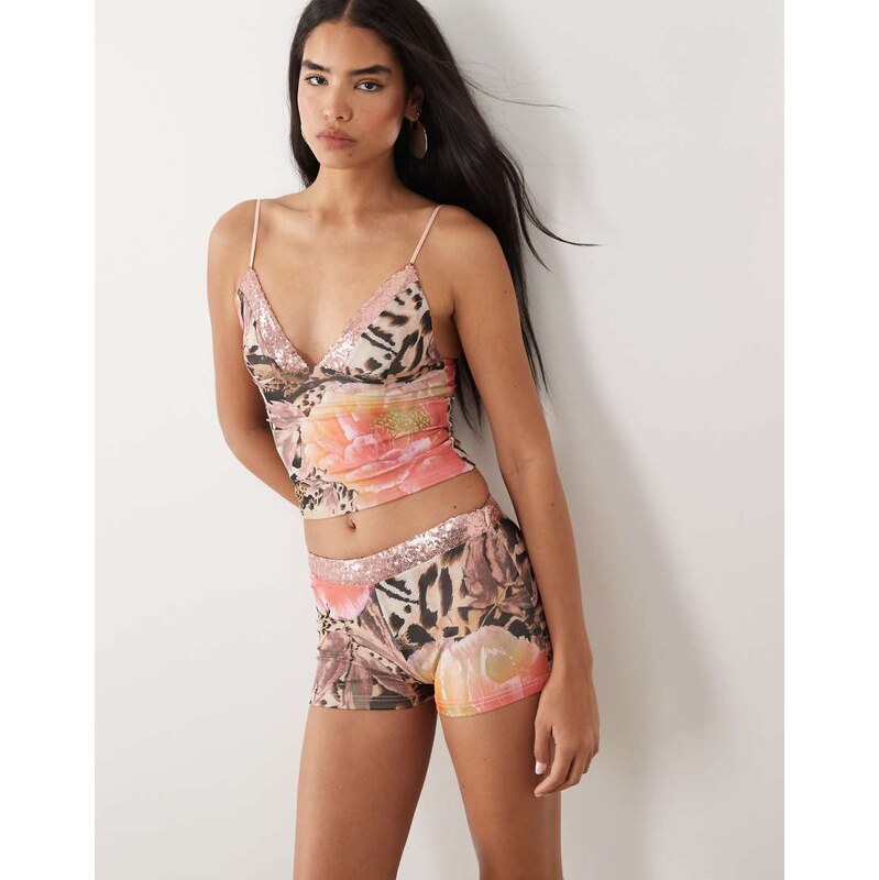 Tiger Mist Fenella sequin trim micro shorts co-ord in vintage leopard 115546914