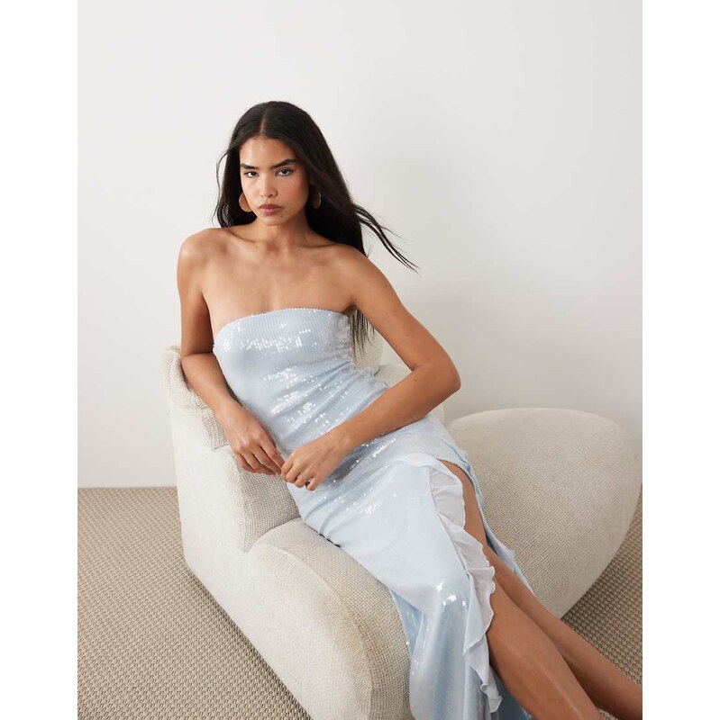 Tiger Mist Theo sequin bandeau ruffle detail thigh split maxi dress in 115546923