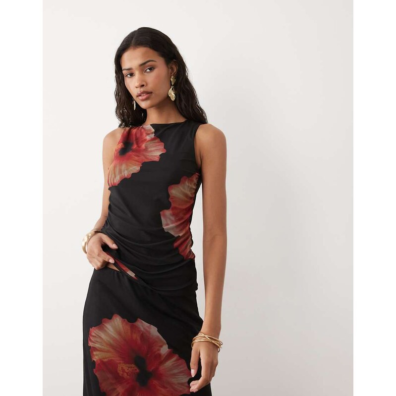 JDY sleeveless ruched mesh top with floral print in black co-ord
