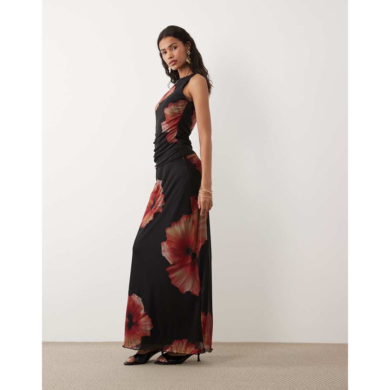 JDY ruched mesh skirt with floral print in black co-ord