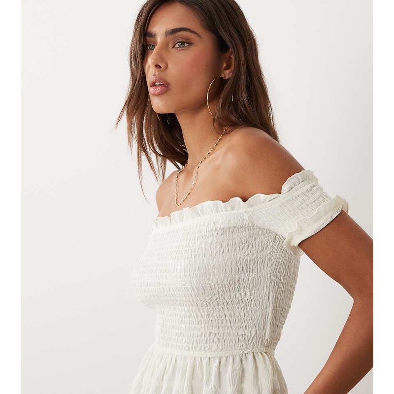Kaiia exclusive shirred textured peplum bardot top co-ord in cream 115546937
