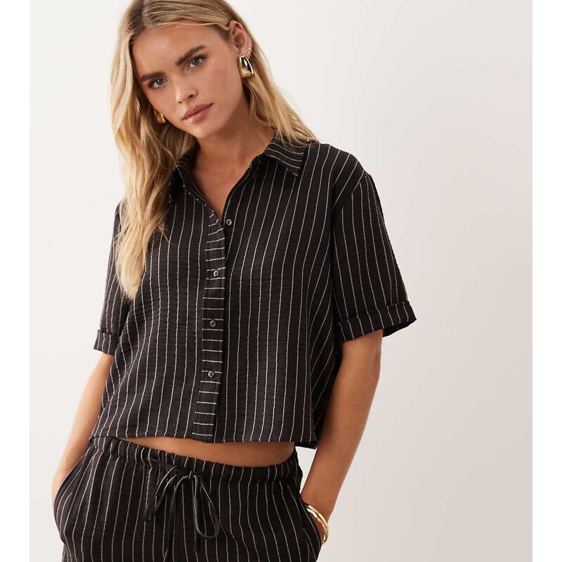JDY Petite lightweight boxy shirt co-ord in brown stripes