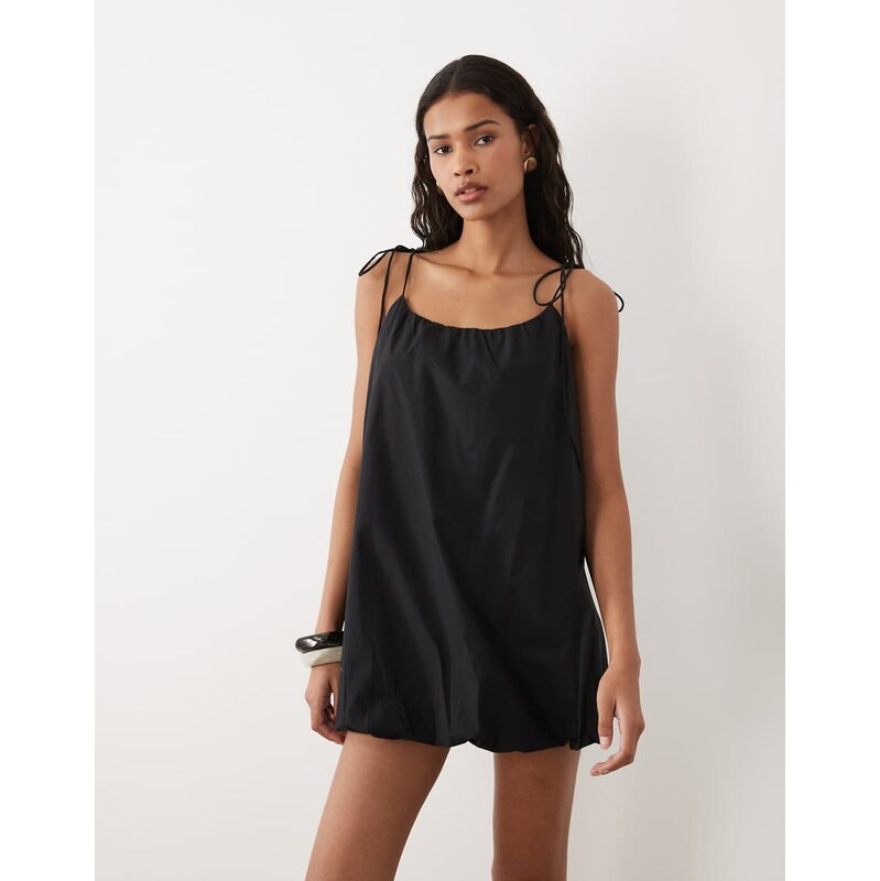 ASOS DESIGN poplin puff mini sundress with tie straps in black