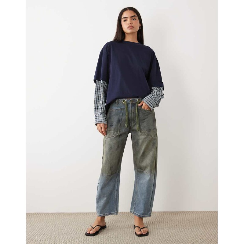 Lioness Rush Hour straight leg tie detail jean co-ord in stone blue 115546962