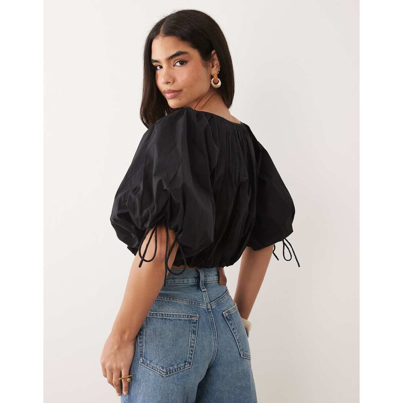 ASOS DESIGN puff sleeve cropped cotton top in black