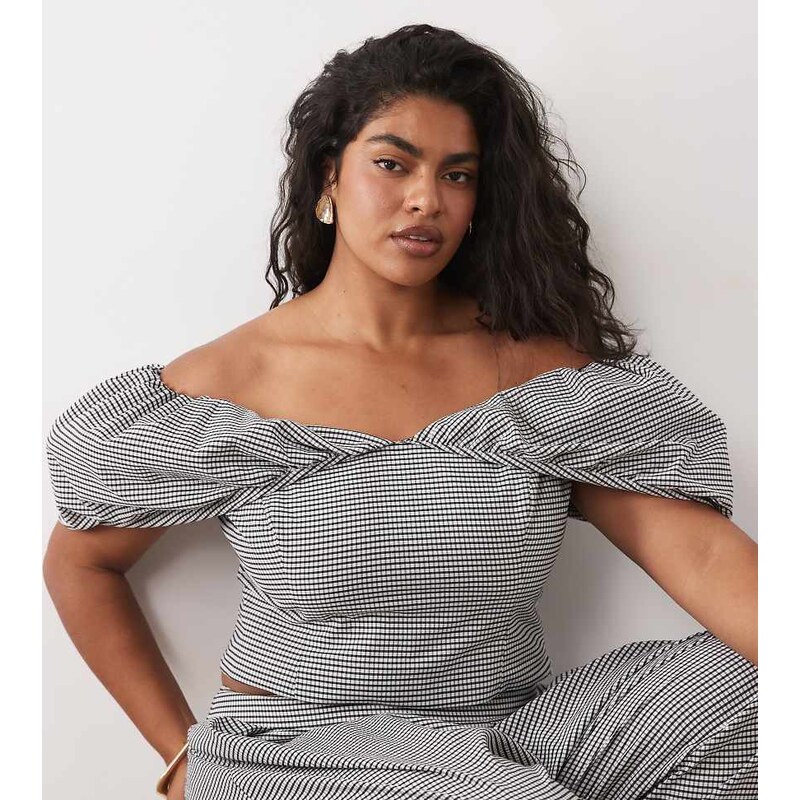ASOS LUXE curve co-ord gingham off the shoulder peplum top-Multi 115546982