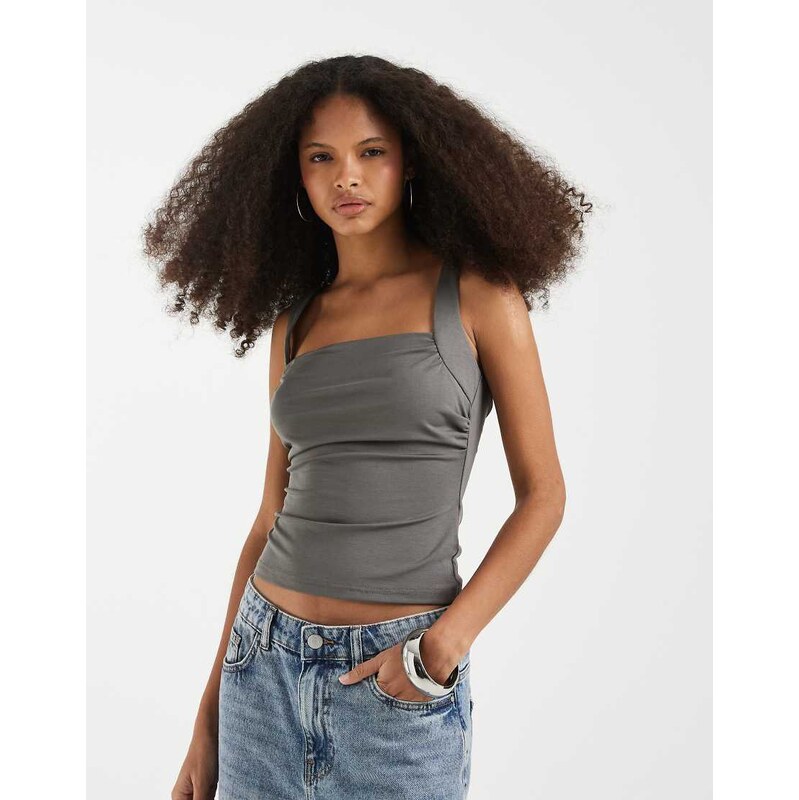 Motel Adila ruched square neck cami in warm grey 115547016