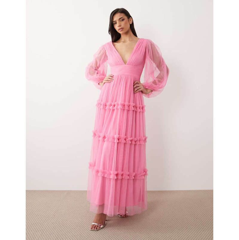 Lace & Beads tulle plunge neck ruffle tiered maxi dress in pink 115547040