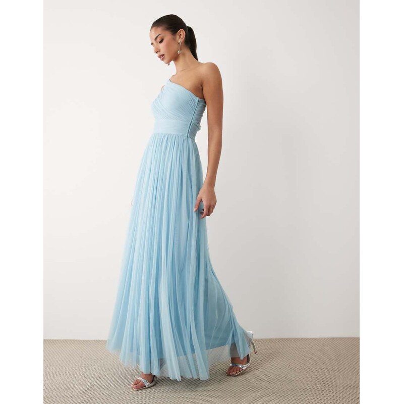 Lace & Beads Bridesmaid tulle one shoulder fitted waist maxi dress in 115547041