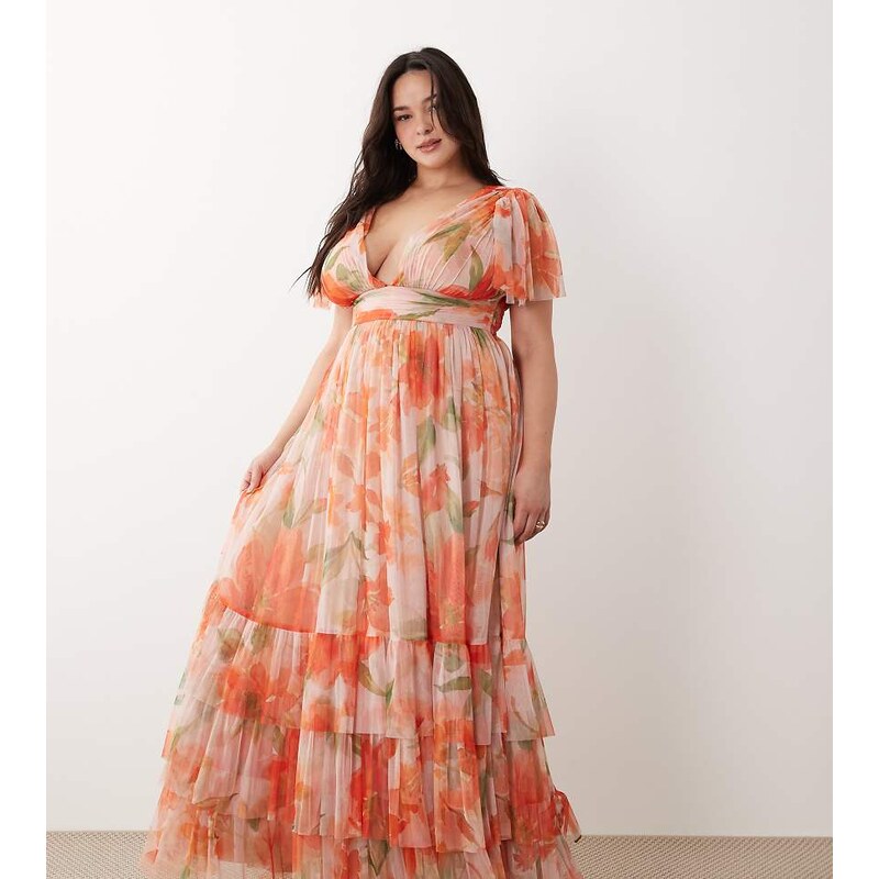 Lace & Beads Plus Bridesmaid Madison smocked plunge neck flutter